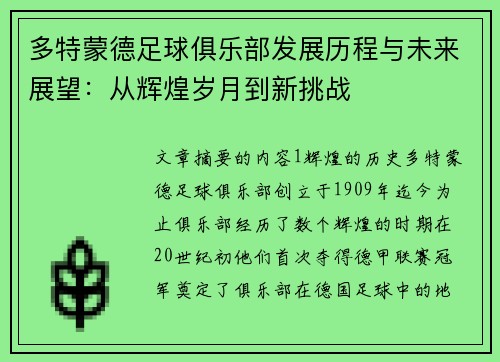 多特蒙德足球俱乐部发展历程与未来展望：从辉煌岁月到新挑战