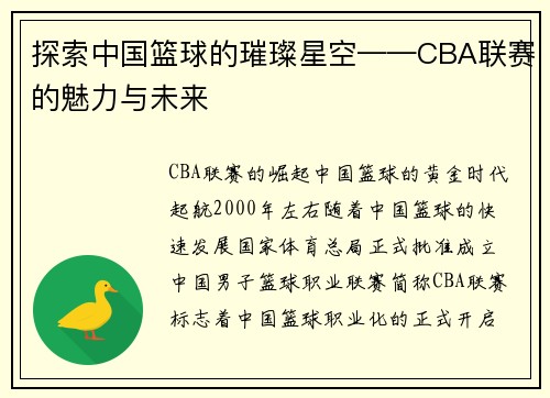 探索中国篮球的璀璨星空——CBA联赛的魅力与未来