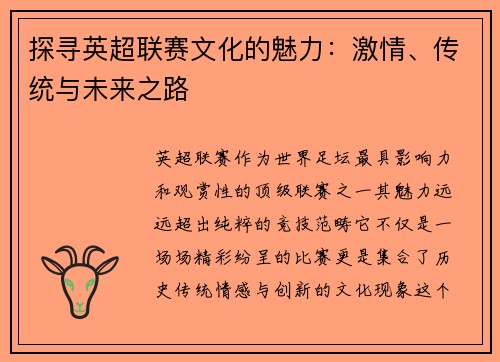 探寻英超联赛文化的魅力：激情、传统与未来之路