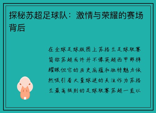 探秘苏超足球队：激情与荣耀的赛场背后