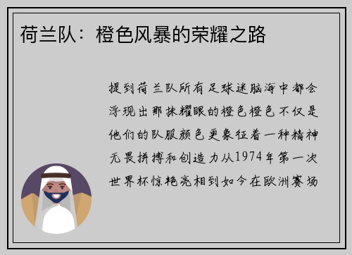 荷兰队：橙色风暴的荣耀之路